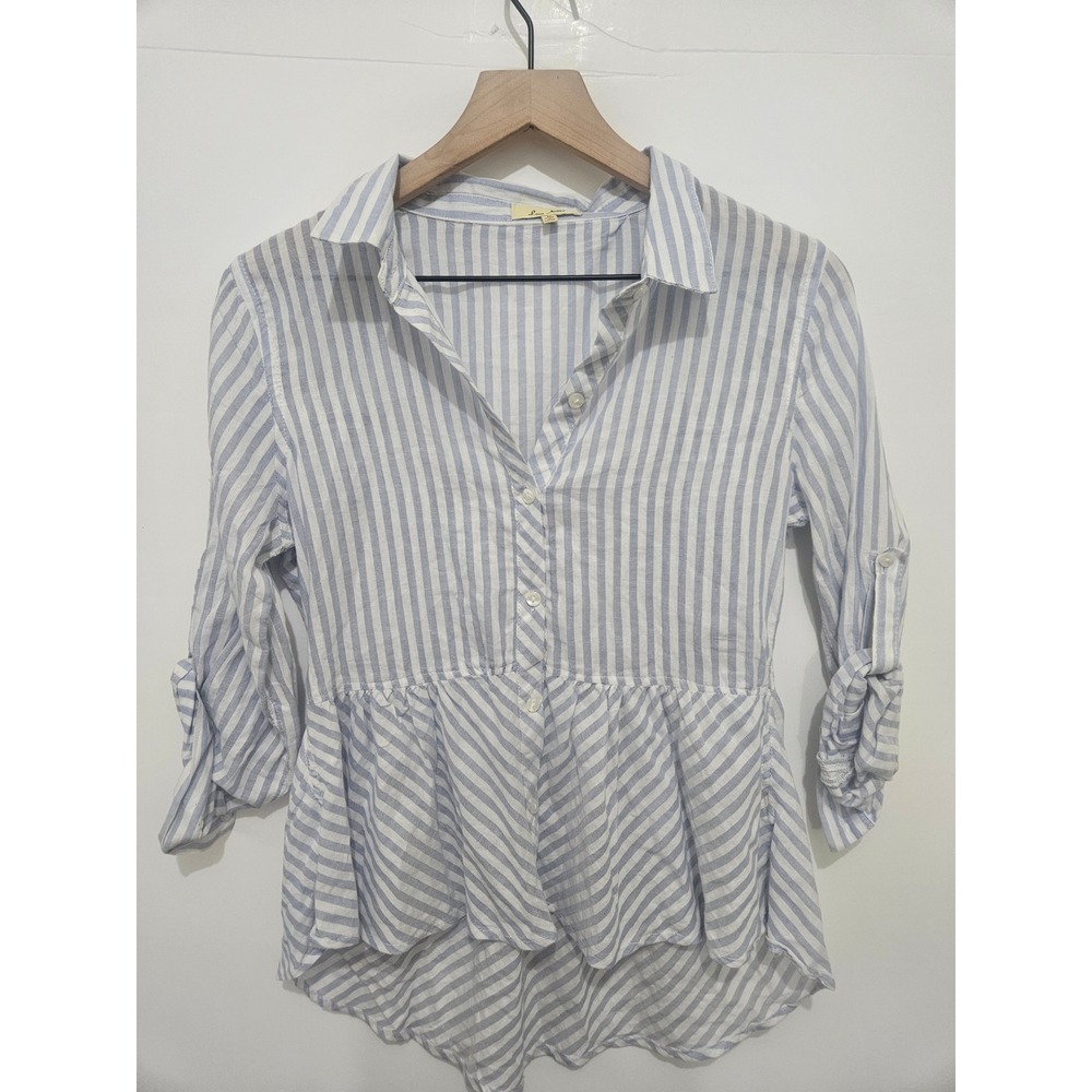 Love Notes Blue White Striped Peplum Button Down Shirt Roll Tab Sleeve Medium